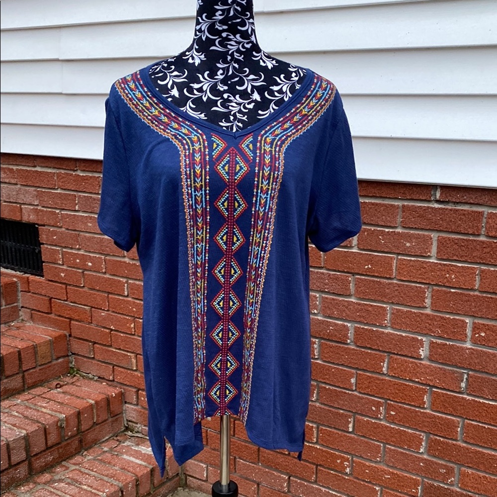 New York Laundy Embroidered Short Sleeve Tunic Navy Tribal XL Rustic Stretchy
